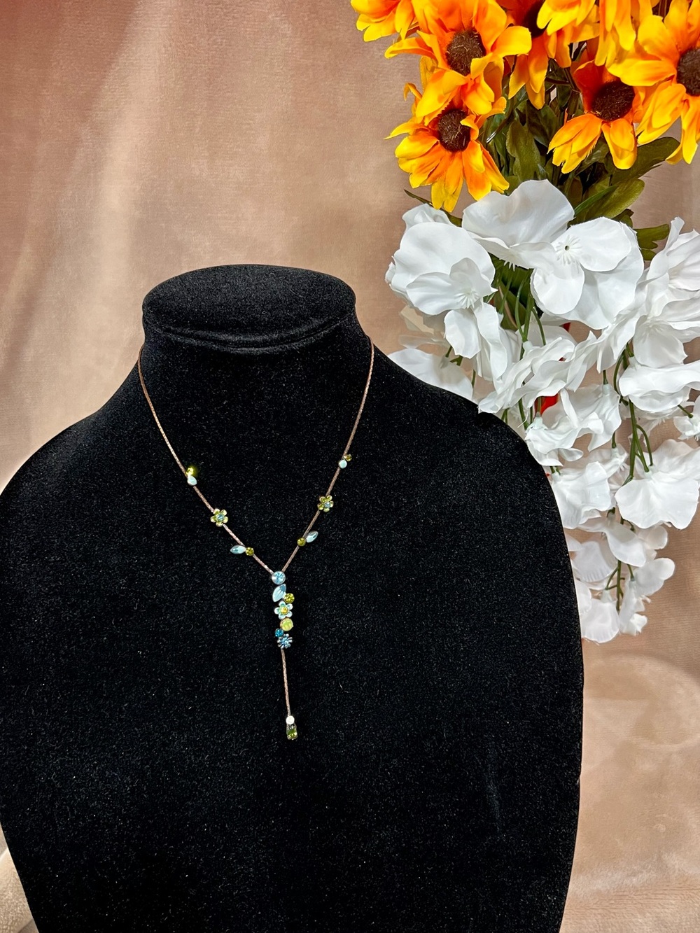 Bronze Long Necklace with Blue Green Leaves and Crystals | Whimsy Fairy